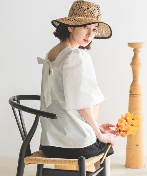 JE@NASIS日单夏新品 泡泡袖小心机后背绑带短袖衫纯色上衣套头衫