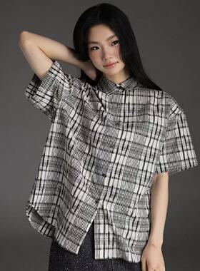 AEEANCEE日单 棉布格纹植绒翻领 立体休闲宽松短袖上衣衬衫女