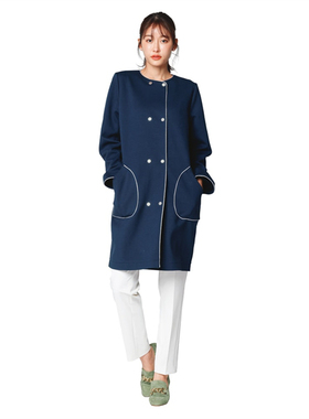 soclose  日单春秋圆领长袖镶边双排扣大衣外套