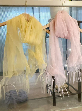 日系轻薄蓬松粉色黄色纱巾女丝巾