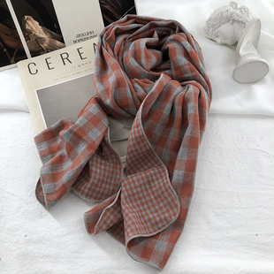 韩系软糯文艺橘红全棉格子围巾女春秋冬季薄款学院风护颈窄版围脖
