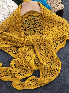 复古纯棉黄色米白色镂空小披肩钩花三角巾女叠穿配牛仔遮屁帘裙帘