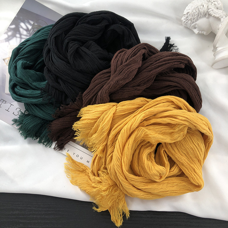 森系秋冬褶皱长款褶皱棉麻围巾女