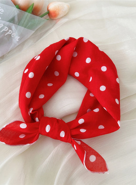 春夏黄色红色波点棉麻方巾ins可爱女亲子装饰领巾发带头箍小围巾