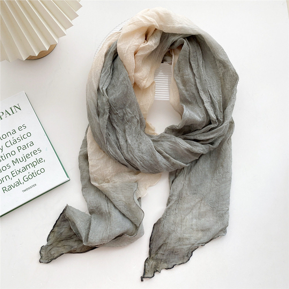 夏秋冬米灰黄色棉麻丝巾褶皱护颈围巾薄款披肩女搭配裙子保暖领巾