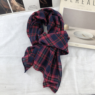 日韩学院风文艺100%棉质红色格子围巾女短款窄版长条护颈薄款围脖