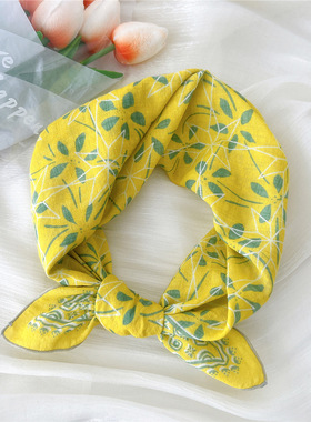 韩系文艺薄款绿色黄色棉麻方巾ins可爱女头巾装饰发带护颈小围巾