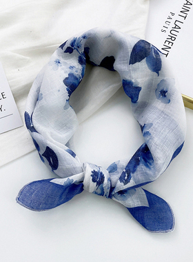 法式气质女蓝色水墨画棉质小方巾薄领巾护颈围巾复古发带ins丝巾