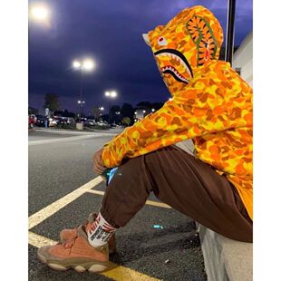 美式复古鲨鱼双帽外套女秋冬新款迷彩连帽垂感情侣百搭上衣ins潮