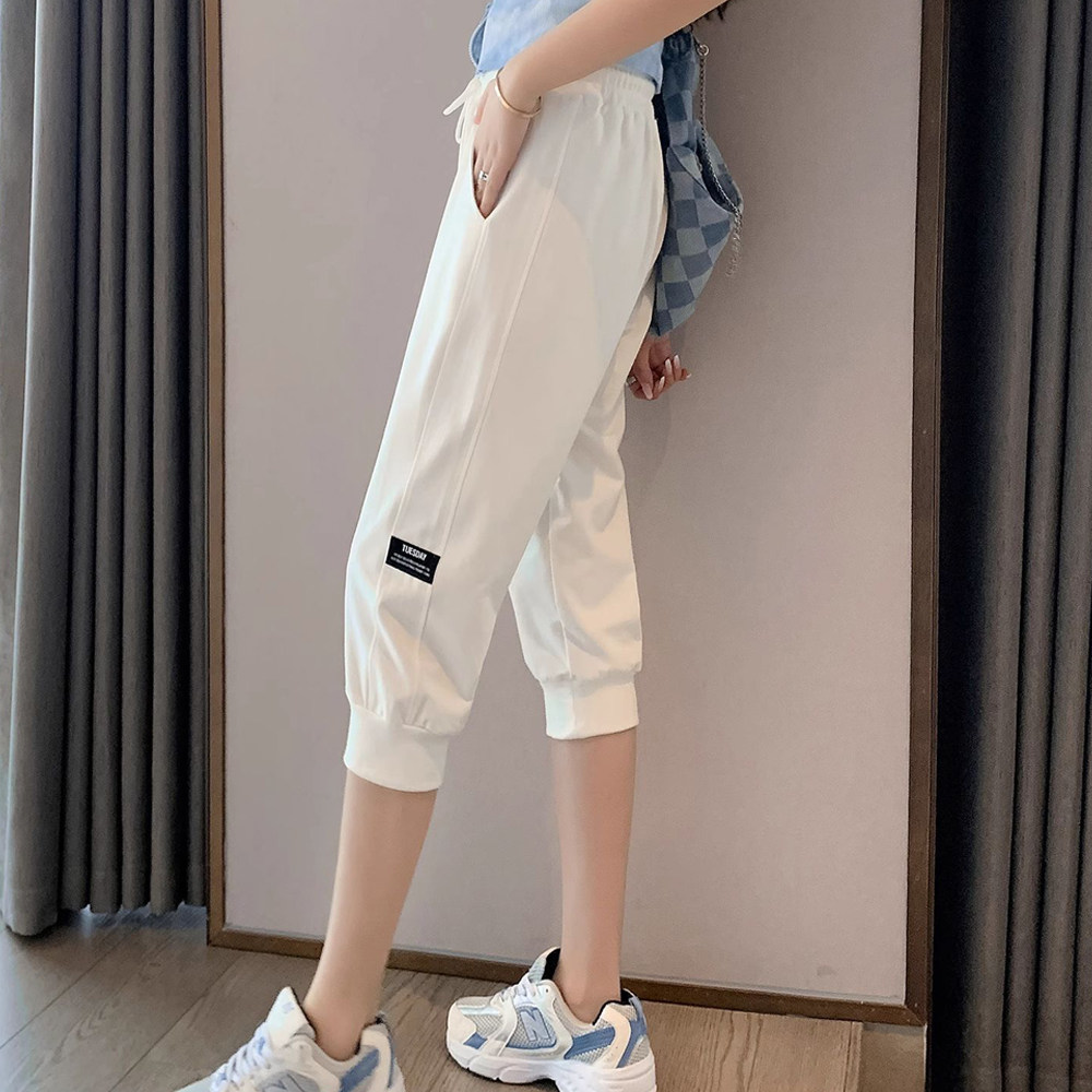 纯棉七分裤女夏薄款2025新款运动裤子外穿时尚小个子白色7分中裤