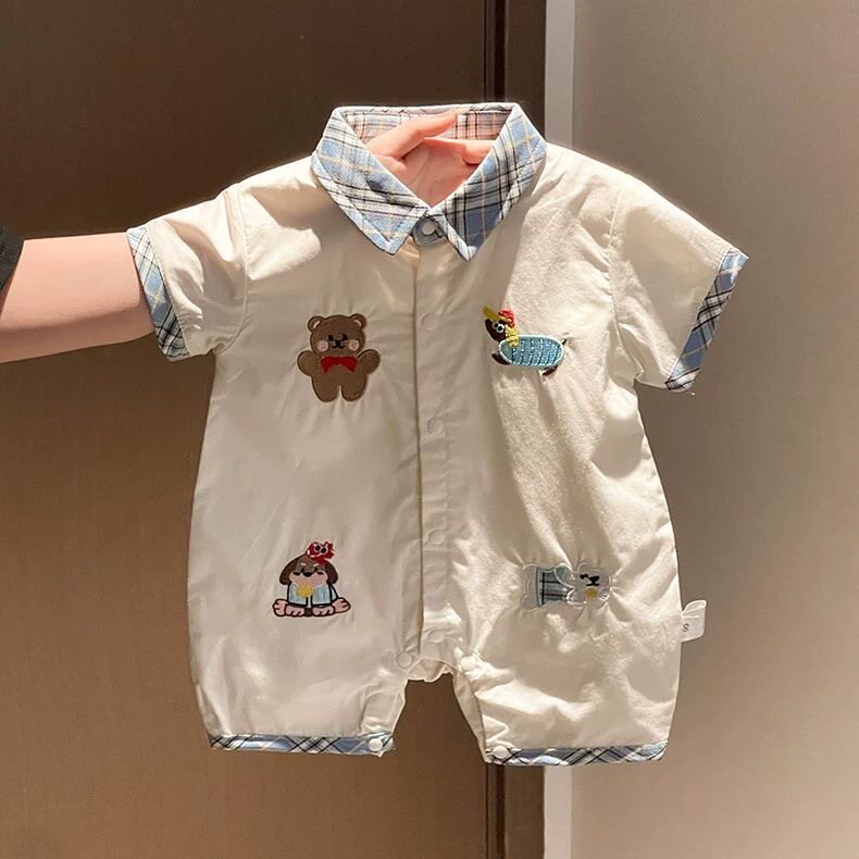 童装哈衣卡通小熊夏季新款连体衣学院风衬衫爬服男女童夏季包屁衣
