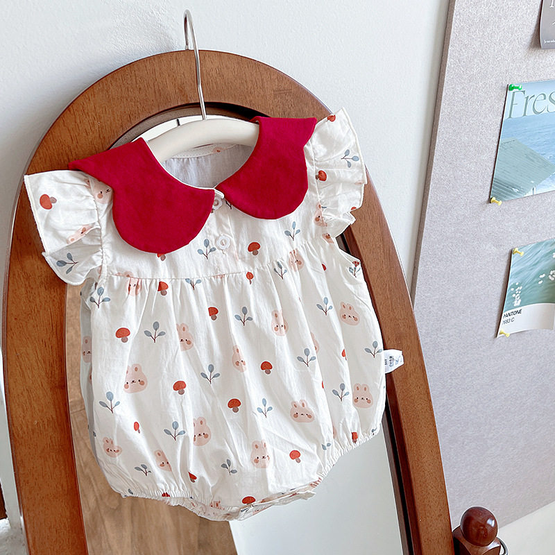 童装衣服夏季公主哈衣女宝宝蝴蝶碎花领包屁衣夏装薄款飞袖连体衣