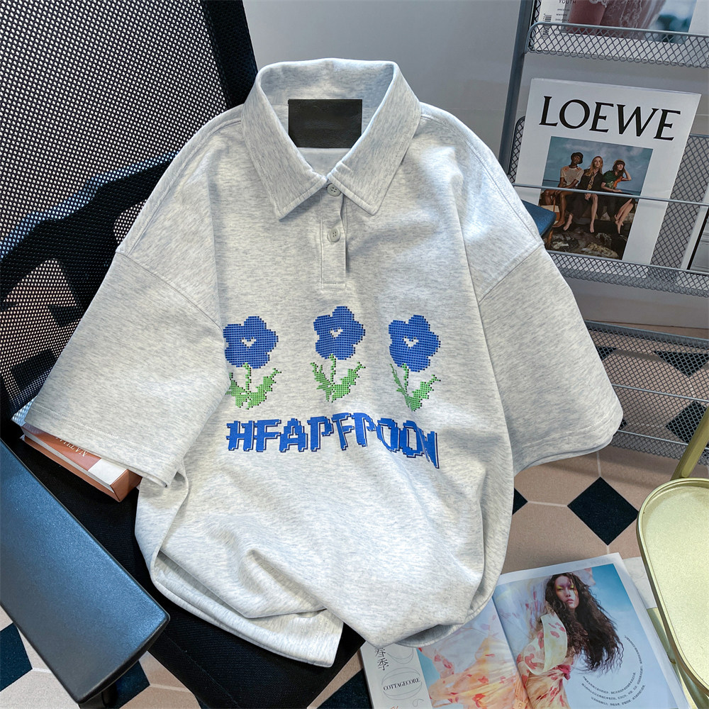 花灰色短袖t恤正肩polo衫女美式学院运动风休闲oversize半袖上衣_虎窝淘