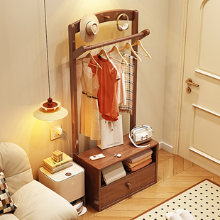 实木衣帽架家用带抽屉挂衣架简约北欧床头柜卧室收纳储物架置物架