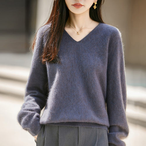 秋冬慵懒风V领显瘦羊绒毛衣女