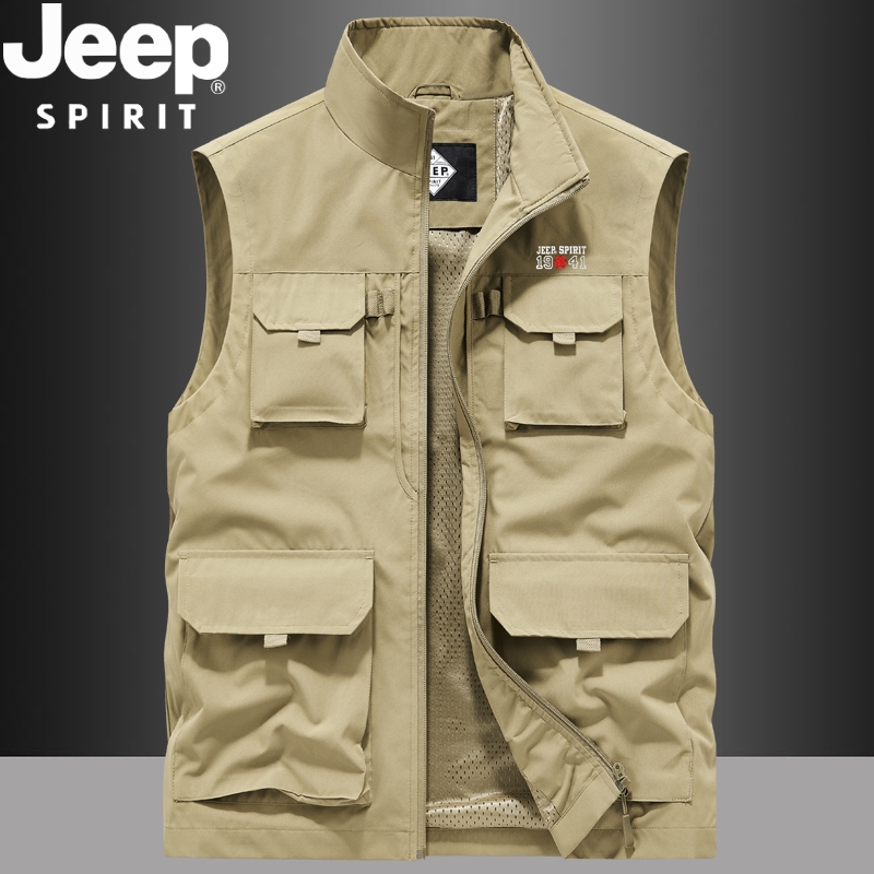 吉普新款男士马甲夏季工装多袋马夹休闲大码运动背心无袖外套