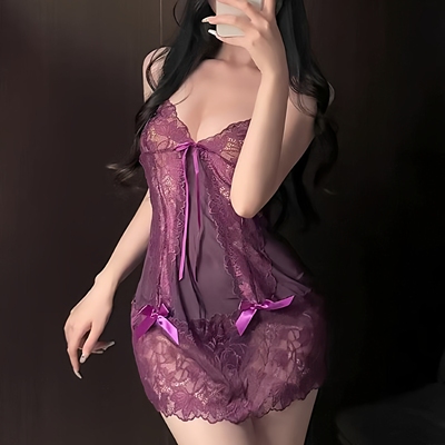 隐欲goddes「紫诱」 韵味紫透绑带爆品蕾丝性感深紫色吊带睡裙