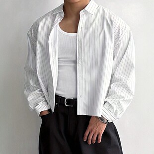 2026新款男式条纹衬衫宽松长袖休闲潮流纯色衬衣跨境外贸男装