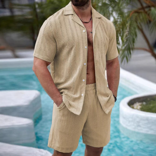 2025欧美男士纯色纽扣衬衫和短裤套装INS畅销度假纯色休闲服