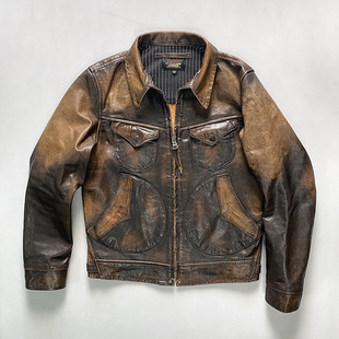 复刻RL门多萨真皮夹克男翻领多兜水洗复古做旧美国黄牛皮皮衣
