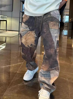 2024新款复古3D直喷艺术拼色oversize小众帅气做旧宽松锥形休闲裤
