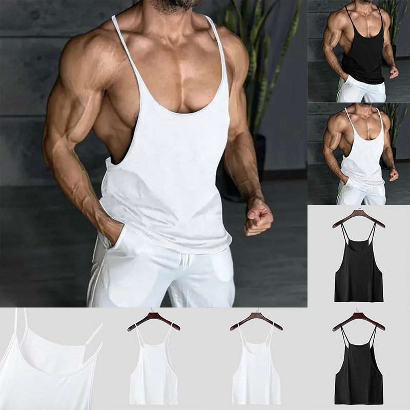 跨境欧美男士双细肩带吊带背心深U领紧身纯色健身打底衫