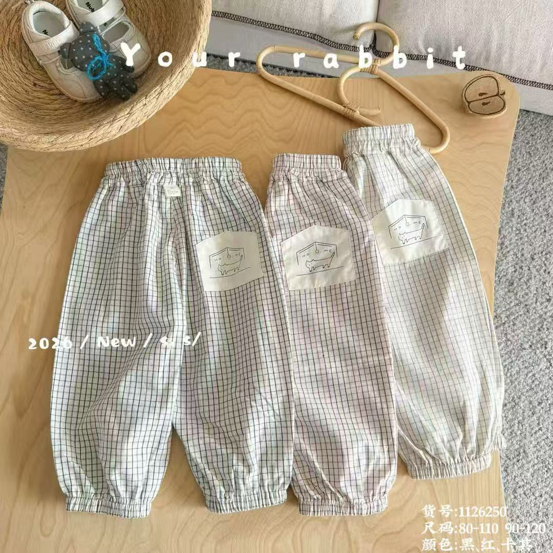 玥儿兔新款男宝夏季百棉男童格子裤薄款宽松防蚊裤休闲束脚裤