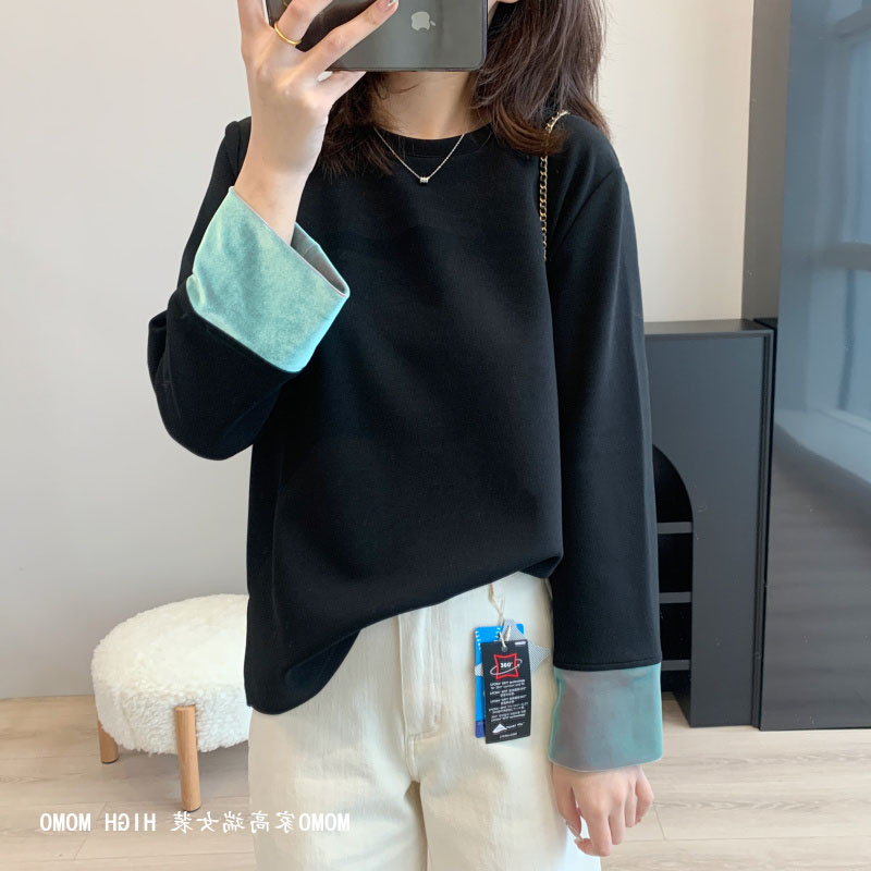 新中式设计 24春季新款 古典美撞色丝绒袖设计感宽松黑色卫衣上衣