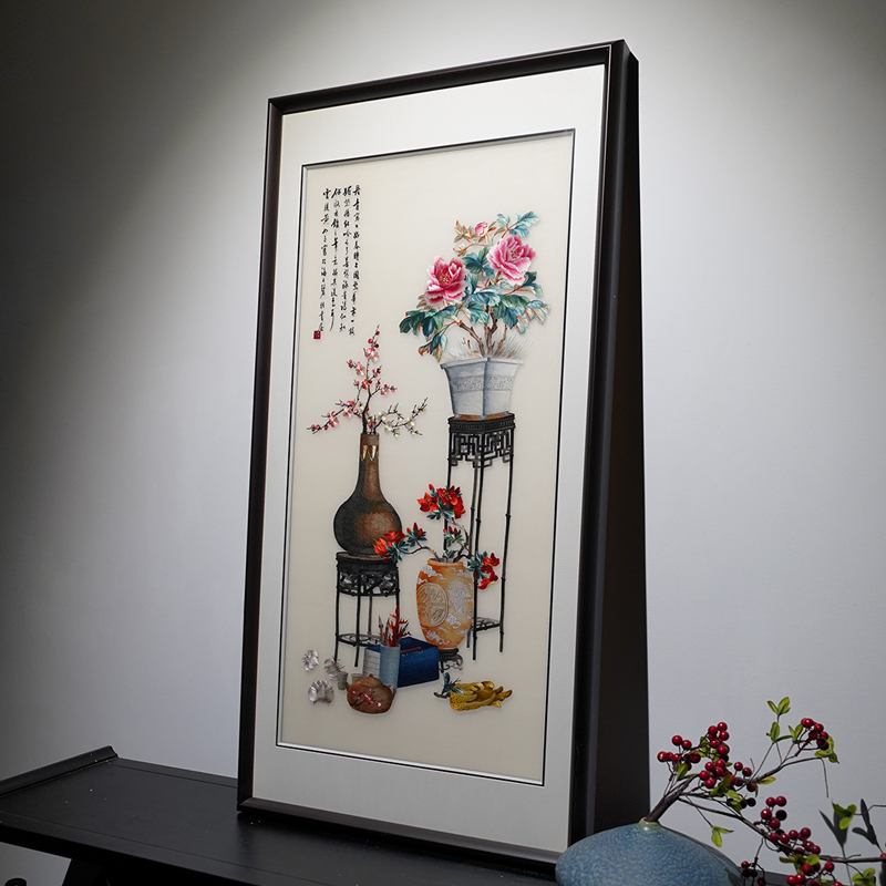 高端新中式书房卧室客厅沙发墙刺绣挂画岁朝清供手工苏绣装饰挂画图片