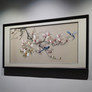 玉堂富贵手工苏绣挂画书房卧室客厅沙发墙新中式刺绣实木框装饰画