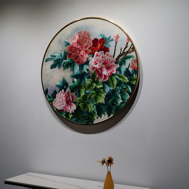 新中式手工苏绣花开富贵刺绣画玄关书房客厅沙发墙圆形成品装饰画图片