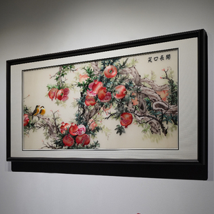 手工苏绣笑口常开新中式刺绣装饰画客厅书房玄关实木有框刺绣挂画
