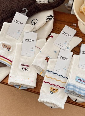 ONII TOU指有你卡通可爱中筒袜手工对目小白袜子女纯棉薄款高颜值