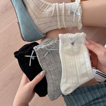 春夏小茶生活Thetealife少女感蝴蝶结中筒袜简约无骨薄款透气袜子