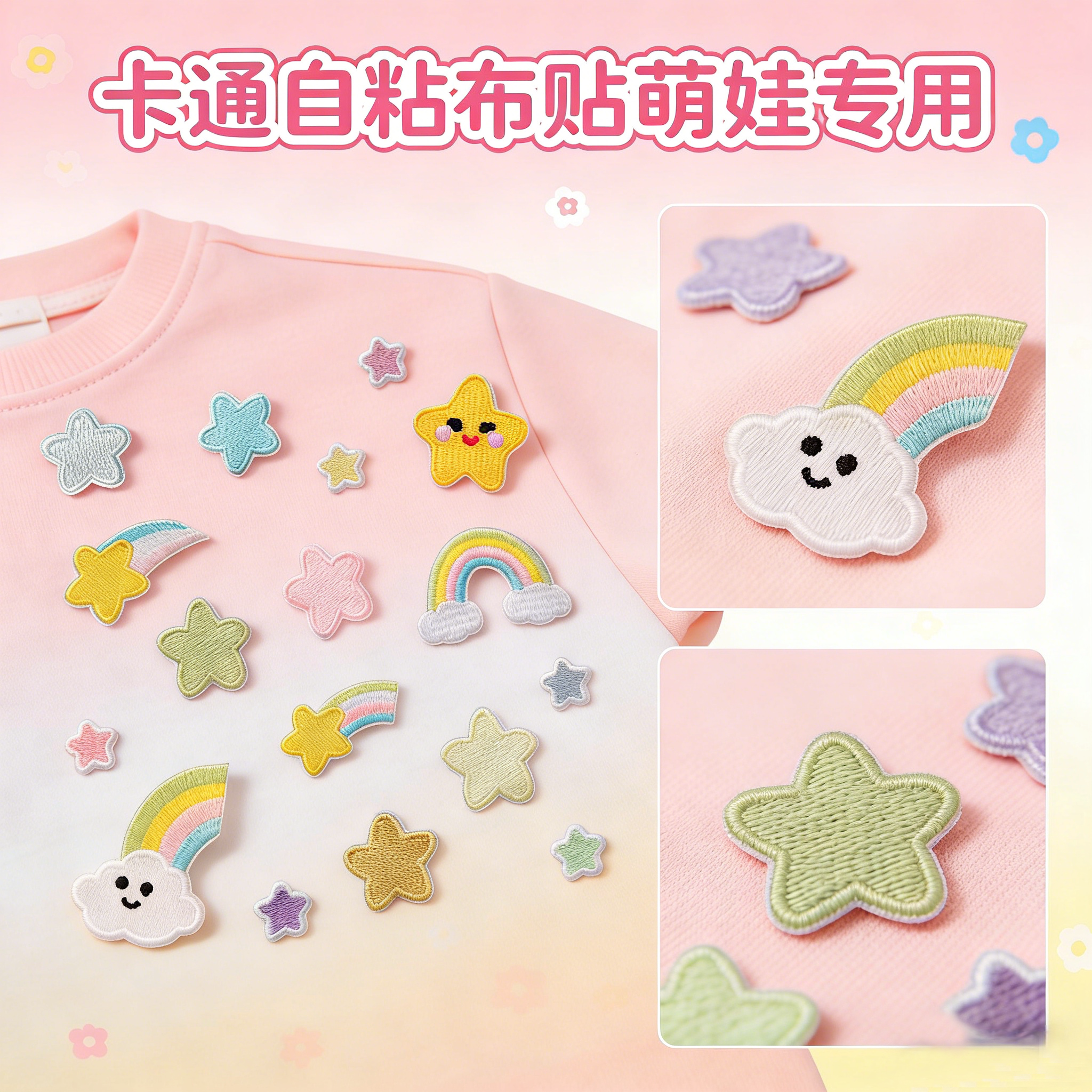 卡通星星彩虹云朵儿童DIY萌娃专用装饰破洞布贴羽绒服手帐修补贴