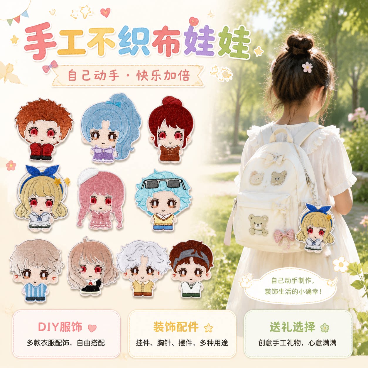 进口热熔不织布娃娃DIY卡通人物头像手工创意包挂件装饰礼物熨烫