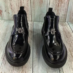 潮男加绒保暖高邦皮鞋 亮面开边珠牛皮套脚短靴 真皮高帮切尔西靴