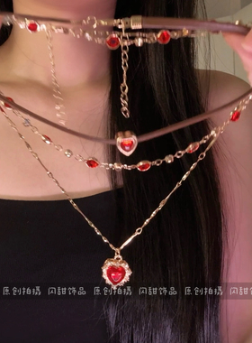 【莓果心跳】多层叠戴项链甜酷辣妹皮绳锁骨链高级小众设计颈链