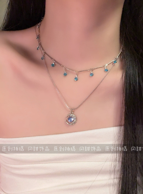 【月亮碎片】流苏气质清冷双层蓝月亮项链轻奢小众高级感锁骨链女