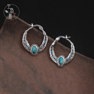 梵行 耳环女 空岛蓝925银复古民族风羽毛珐琅彩绿松石耳圈文艺中式