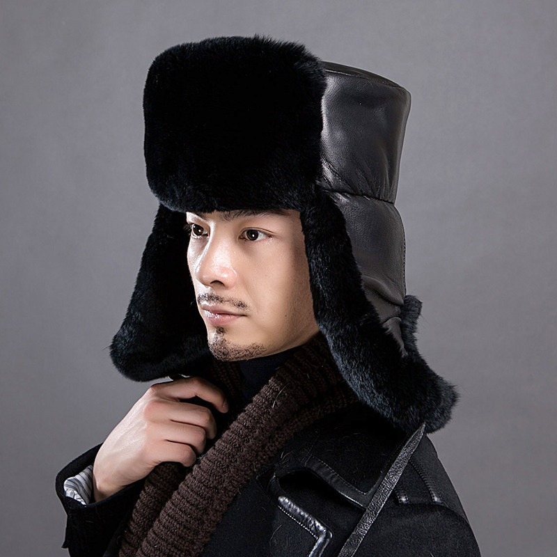 真皮獭兔雷锋帽男士冬季中老年东北户外保暖护耳爸爸爷爷皮草帽子