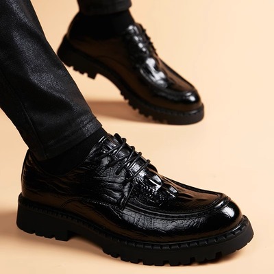 皮鞋男透气英伦商务正装休闲百搭男鞋真皮鳄鱼纹内增高结婚新郎鞋