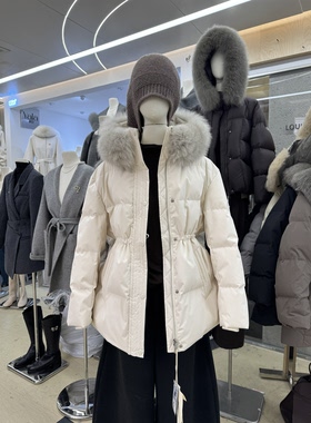 ONEBYTOW狐狸毛领收腰连帽90白鸭绒羽绒服女冬季新款洋气保暖外套