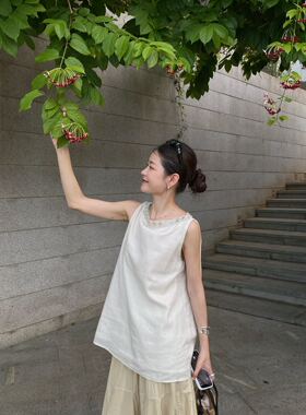 SOUL素予钉珠苎麻无袖背心衬衫女夏季2026新款时尚小众气质衬衣潮