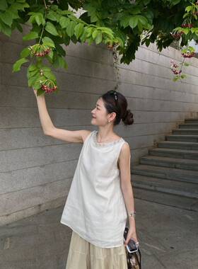 SOUL素予钉珠苎麻无袖背心衬衫女夏季2026新款时尚小众气质衬衣潮