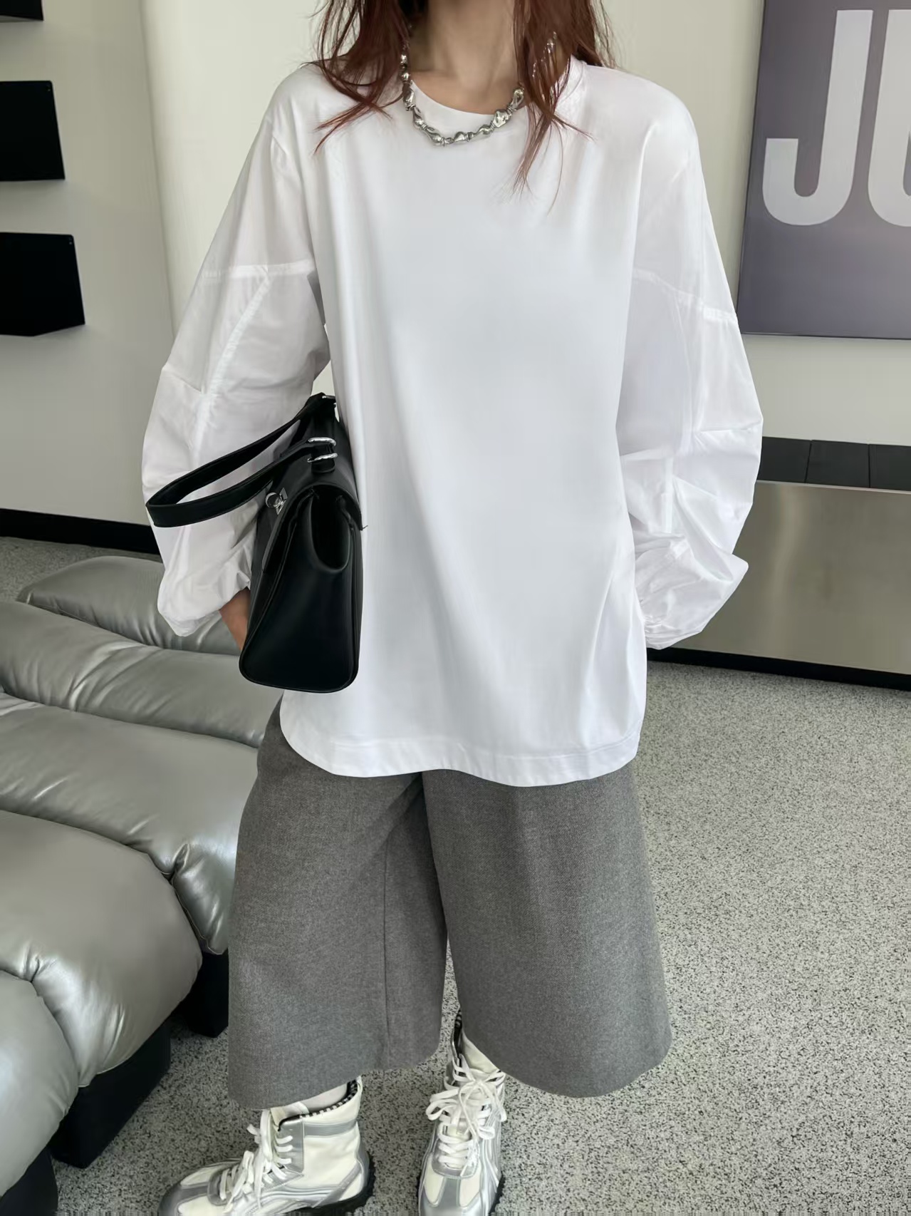 DM欧货极简设计感衬衣袖T恤女秋季新款宽松百搭拼接打底衬衫上衣