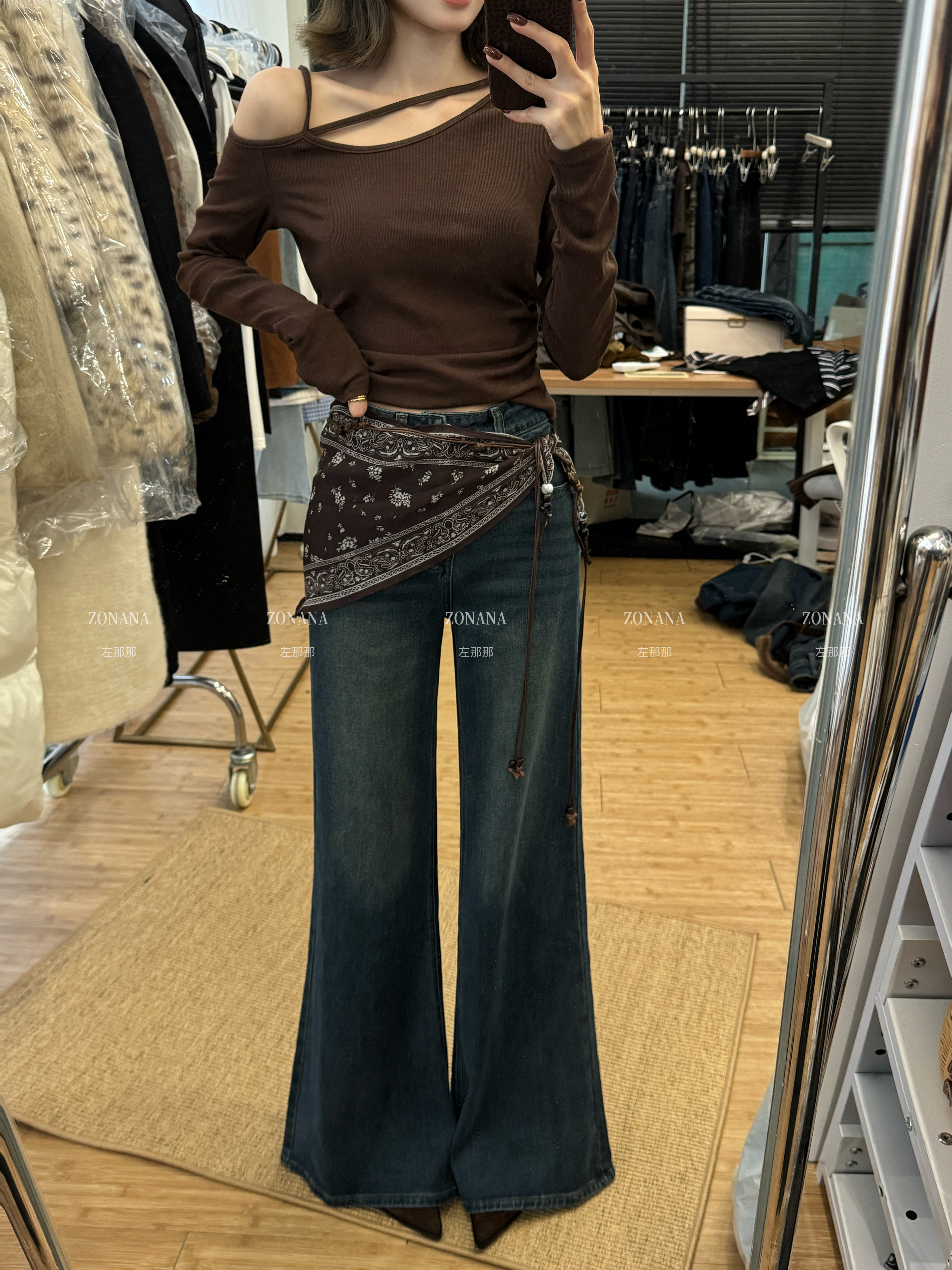 ZONANA左那那韩系复古高腰屁帘筒喇牛仔裤女秋季25新款裤腿拖地裤