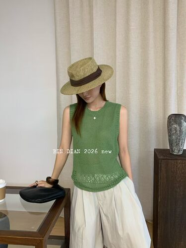bin dian缤典韩系简约圆领镂空无袖针织背心女夏季新款百搭上衣潮