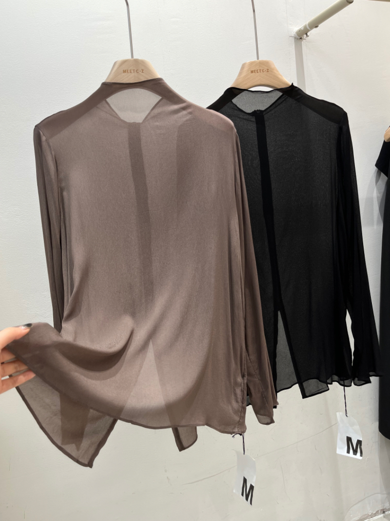 MEETC. Z春夏2025欧货人丝后拉链开叉轻薄透视百搭立领打底衫上衣