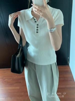CAMELLIA山茶韩版修身翻领短袖针织衫女秋季25新款百搭小清新上衣